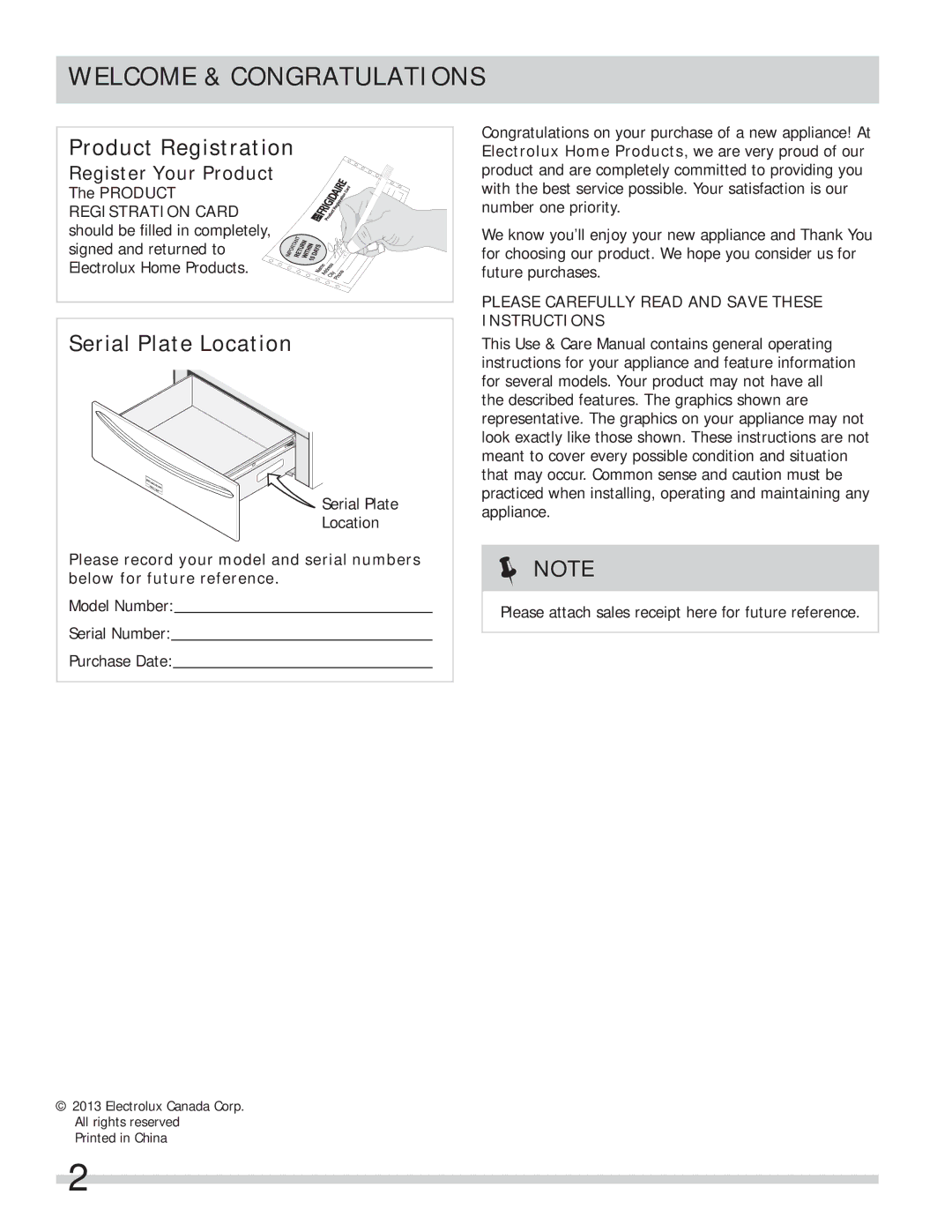 Frigidaire 318201028 Welcome & Congratulations, Please Carefully Read and Save These Instructions 