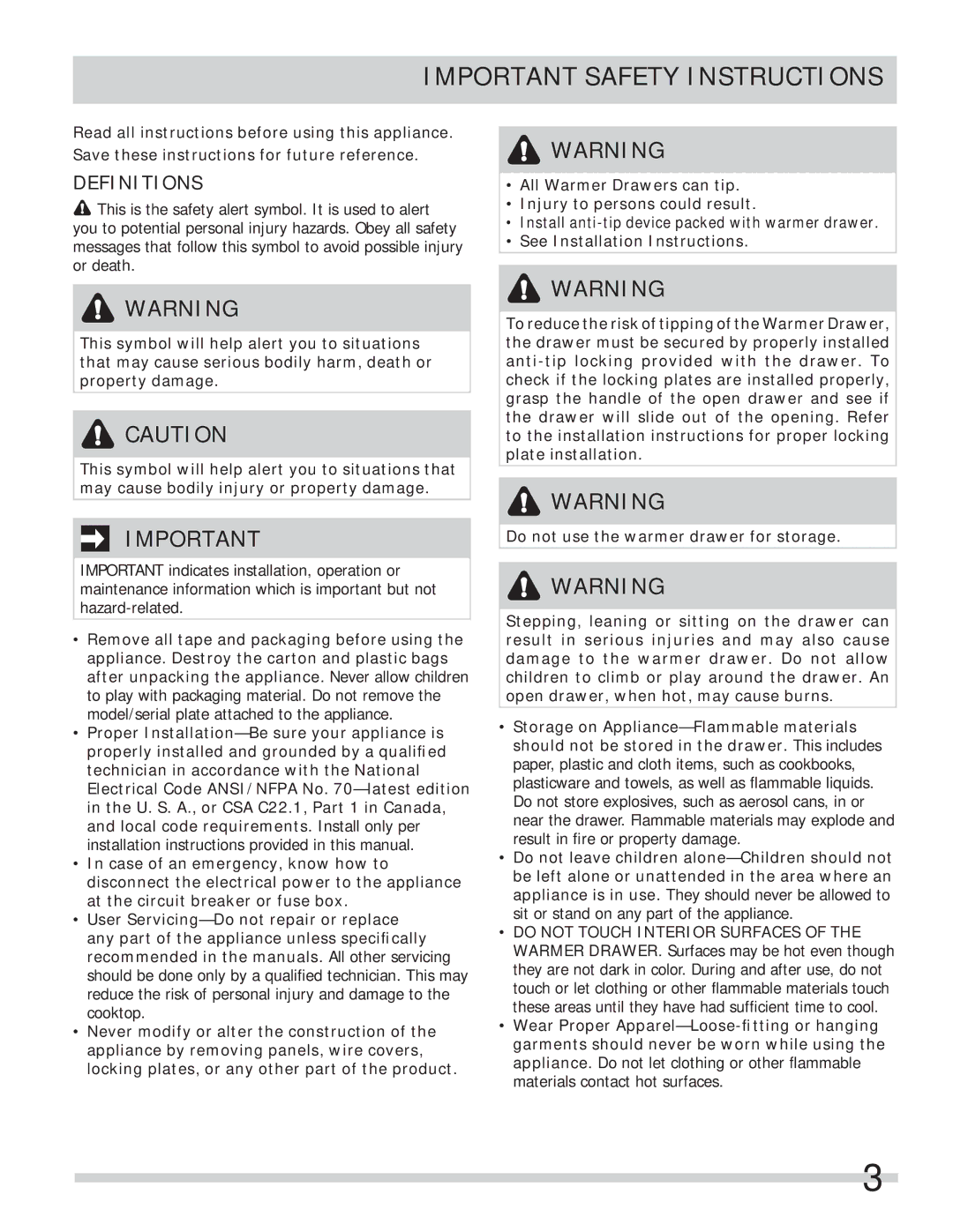 Frigidaire 318201028 important safety instructions Important Safety Instructions, Definitions 