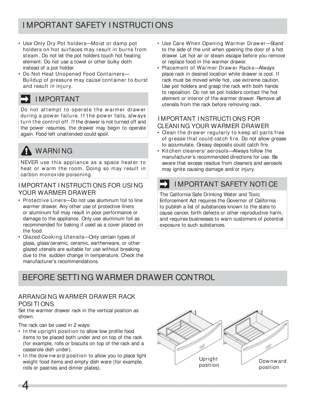 Frigidaire 318201028 Before Setting Warmer Drawer Control, Important Instructions for Using Your Warmer Drawer 