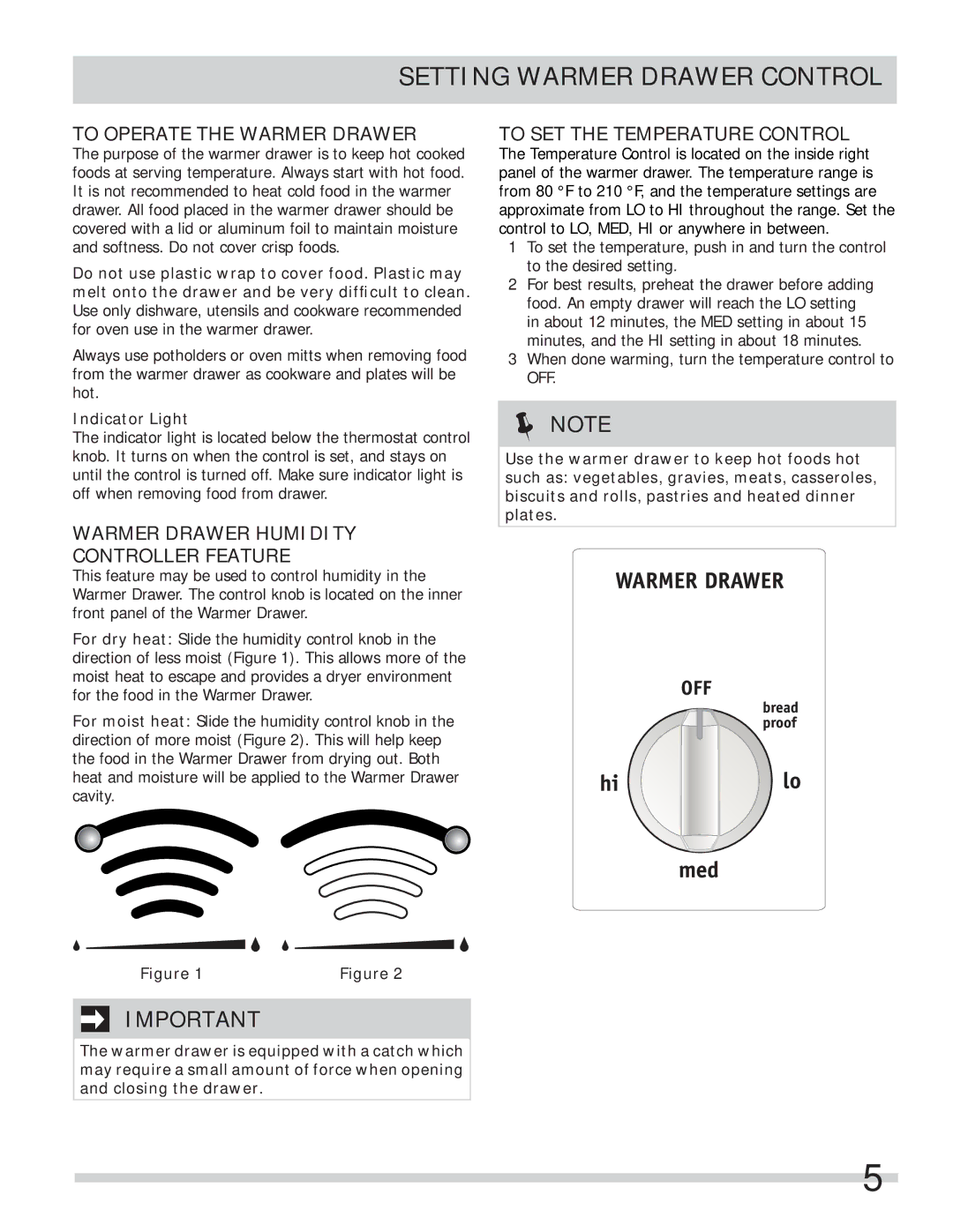 Frigidaire 318201028 Setting Warmer Drawer Control, To Operate the Warmer Drawer, To SET the Temperature Control 