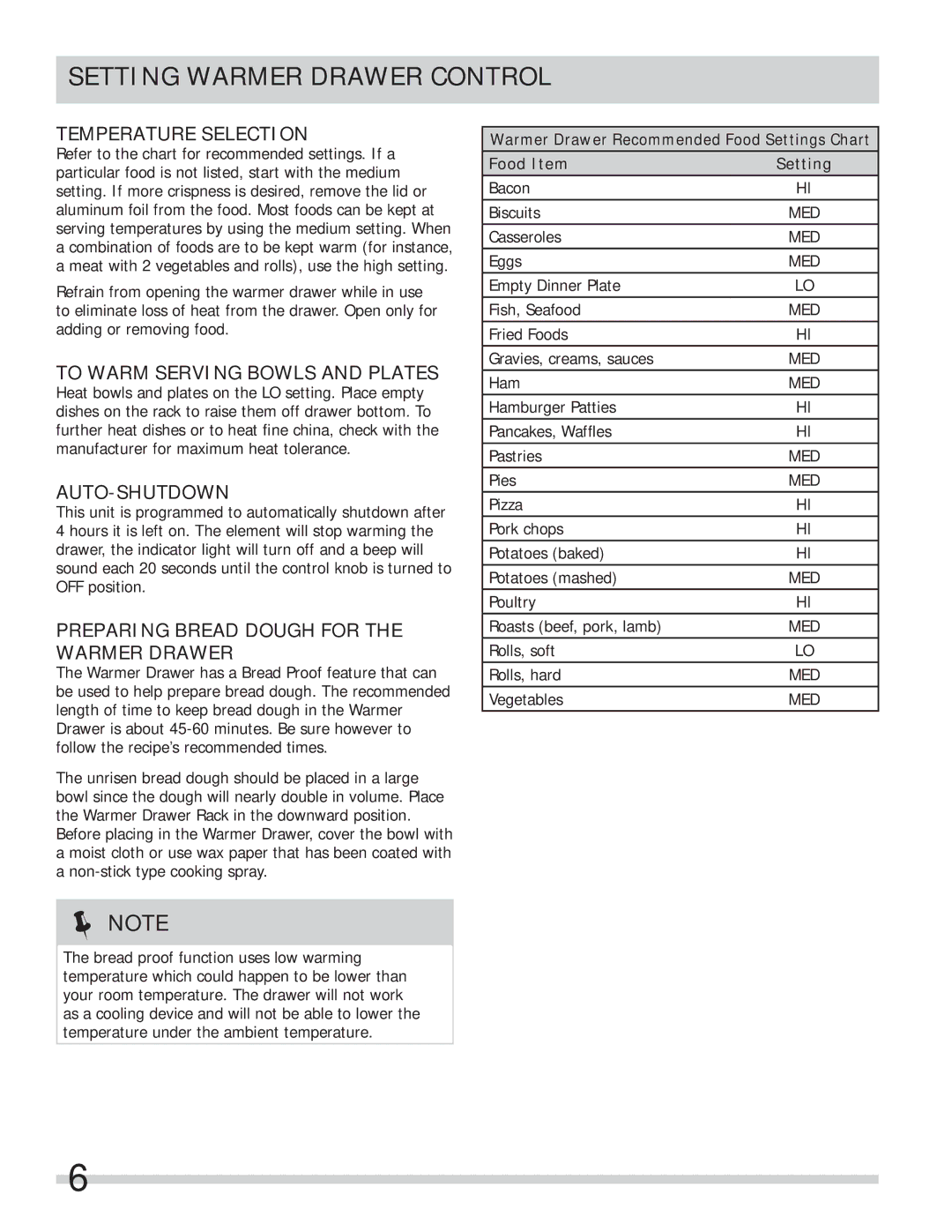 Frigidaire 318201028 important safety instructions Temperature Selection, To Warm Serving Bowls and Plates, Auto-Shutdown 