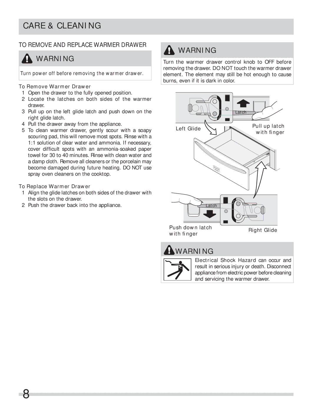 Frigidaire 318201028 Care & Cleaning, To Replace Warmer Drawer, Left Glide Pull up latch With ﬁnger 