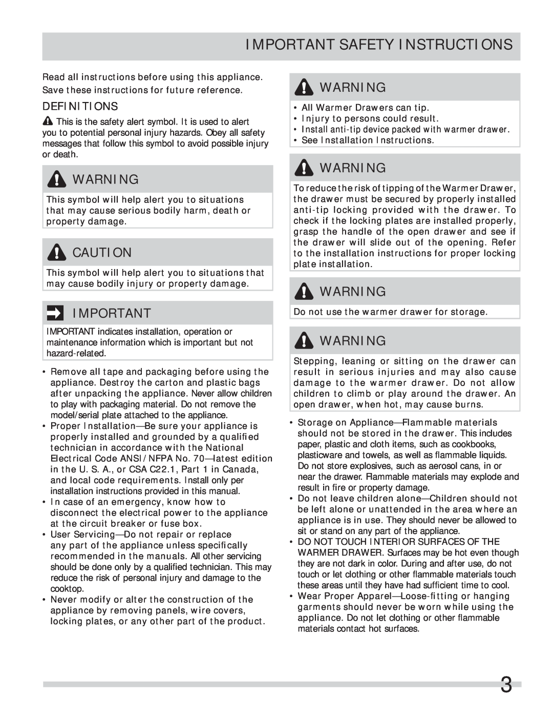 Frigidaire 318201028 important safety instructions Important Safety Instructions, Definitions 