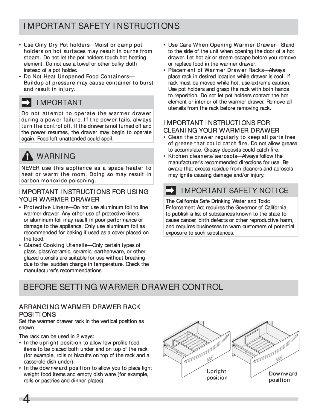 Frigidaire 318201028 Before Setting Warmer Drawer Control, Important Safety Notice, Arranging Warmer Drawer Rack Positions 
