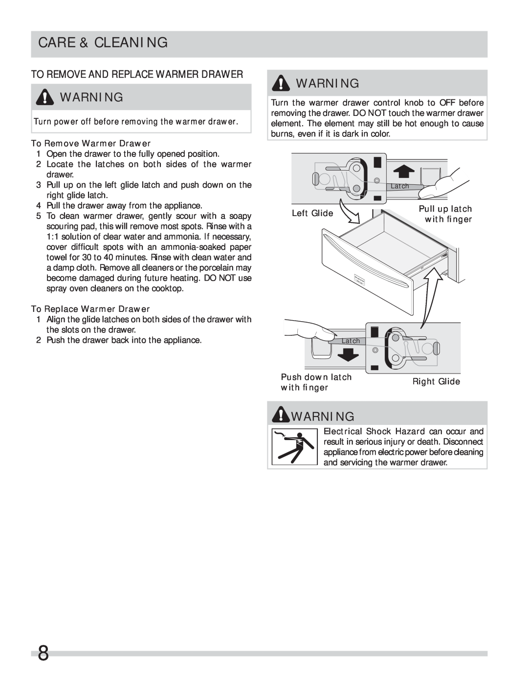 Frigidaire 318201028 important safety instructions Care & Cleaning, To Remove And Replace Warmer Drawer 