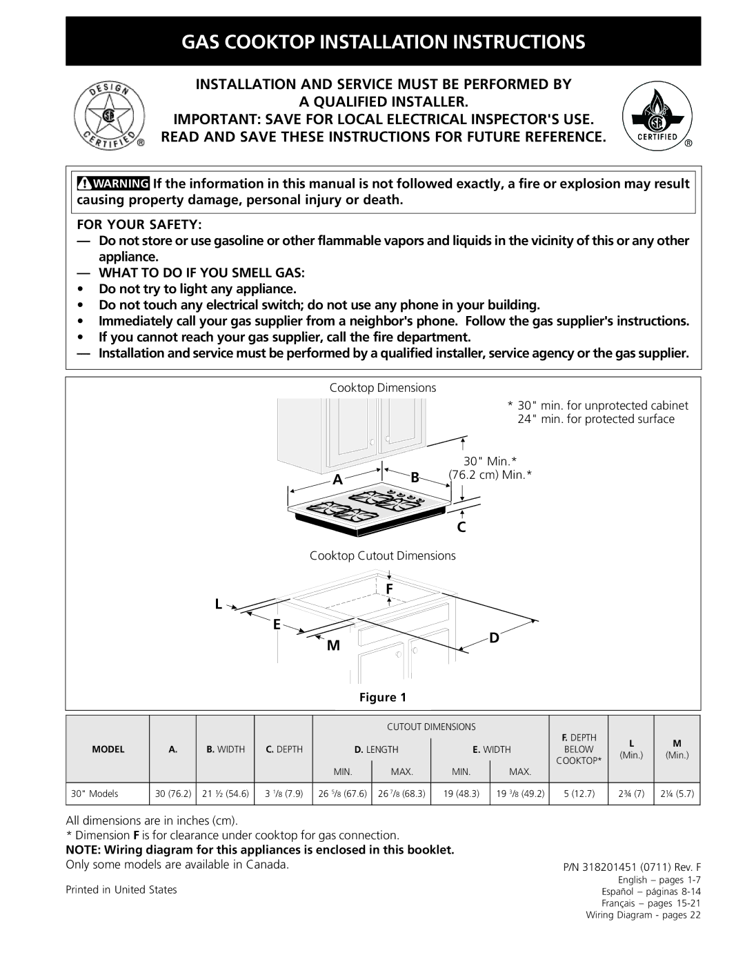 Frigidaire 318201451 dimensions GAS Cooktop Installation Instructions 