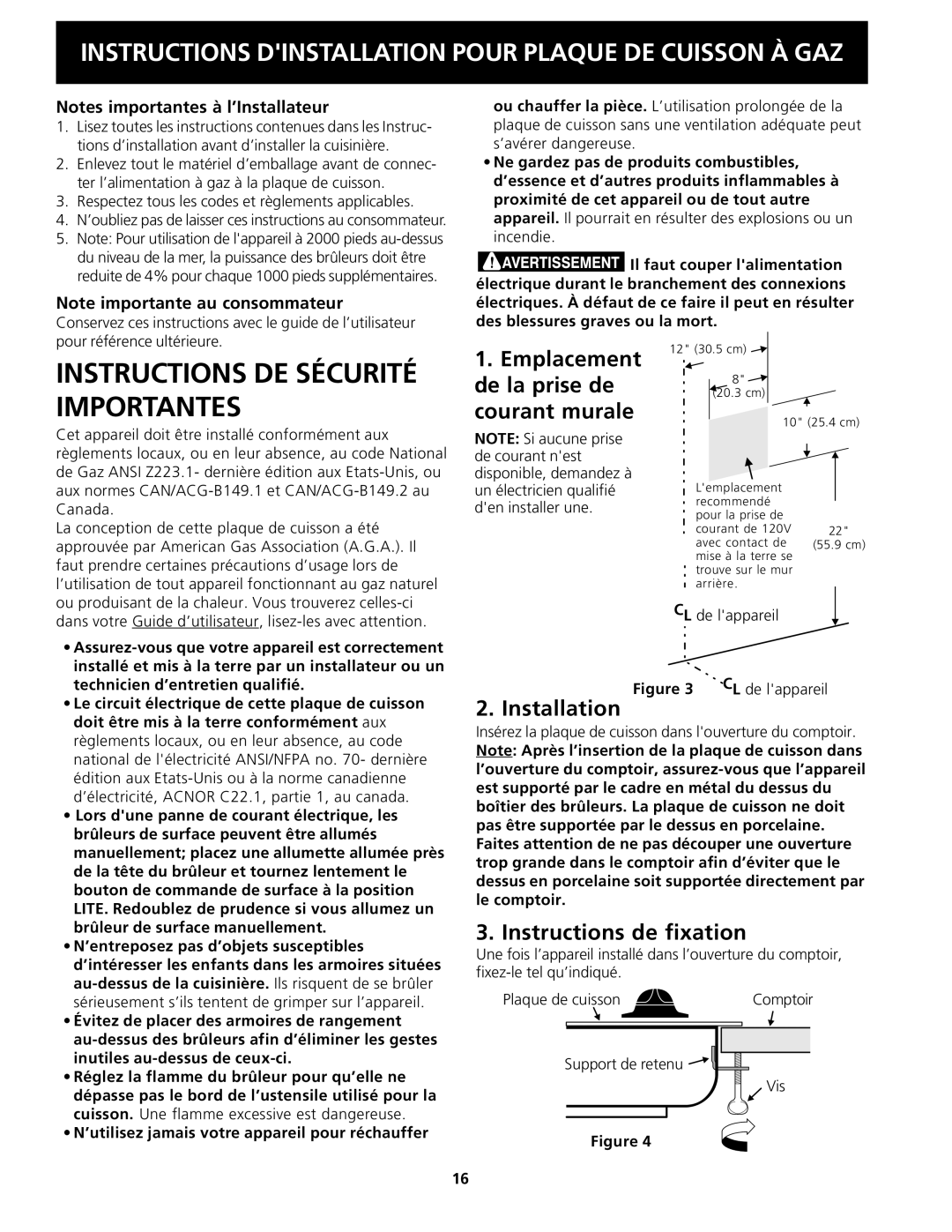 Frigidaire 318201451 dimensions Instructions de fixation, De lappareil 