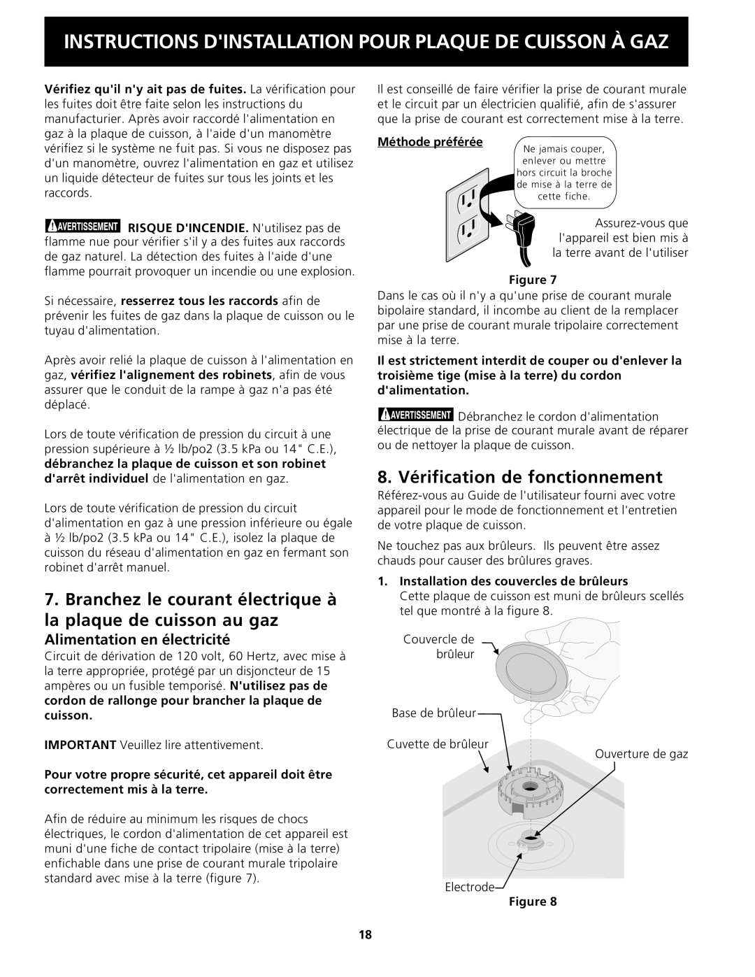 Frigidaire 318201451 dimensions Vérification de fonctionnement, Alimentation en électricité, Méthode préférée 