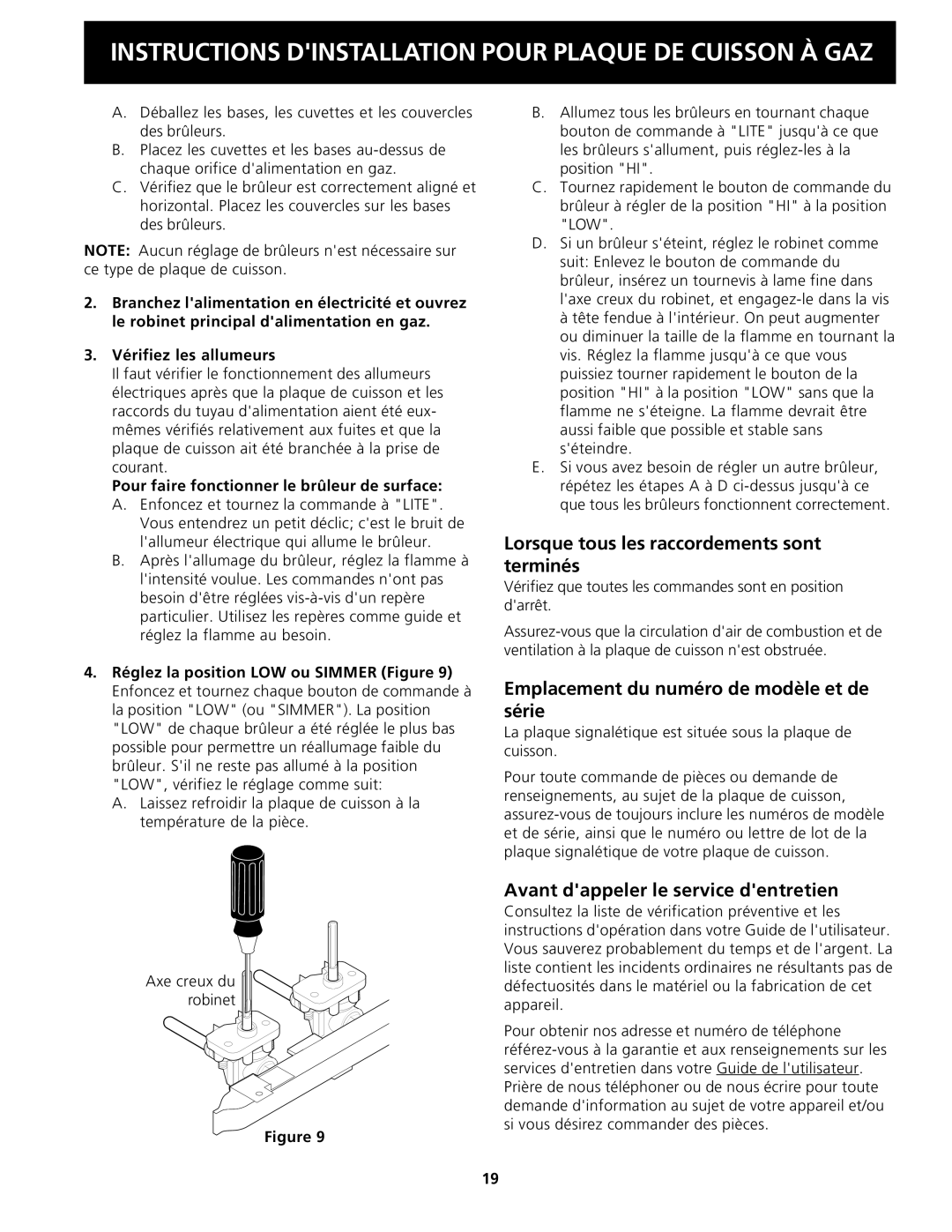 Frigidaire 318201451 dimensions Lorsque tous les raccordements sont terminés, Emplacement du numéro de modèle et de série 