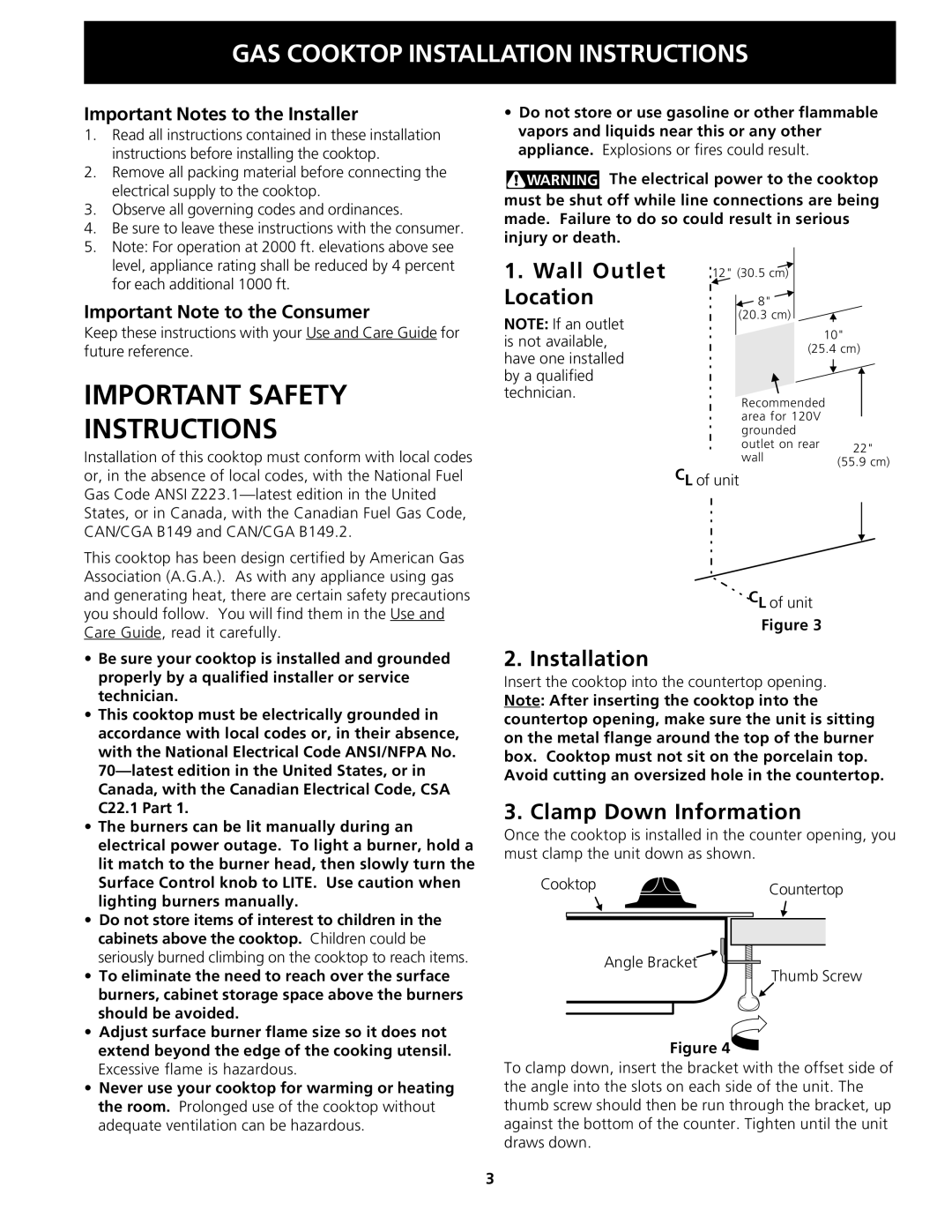 Frigidaire 318201451 dimensions Wall Outlet, Location, Installation, Clamp Down Information 