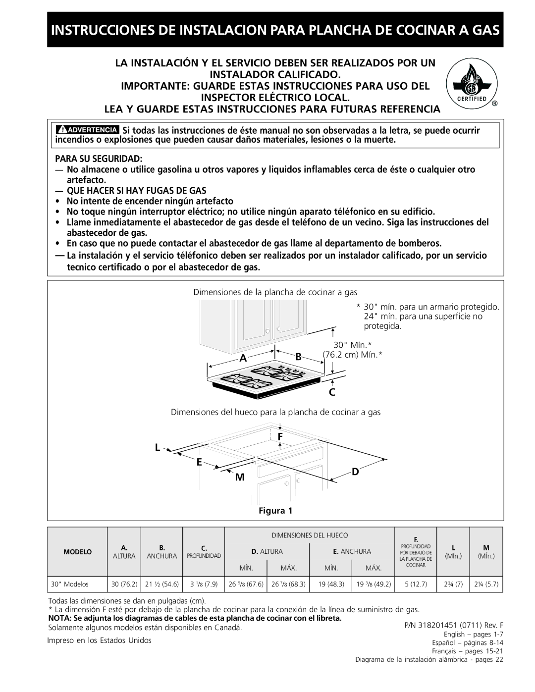 Frigidaire 318201451 dimensions Instrucciones DE Instalacion Para Plancha DE Cocinar a GAS 