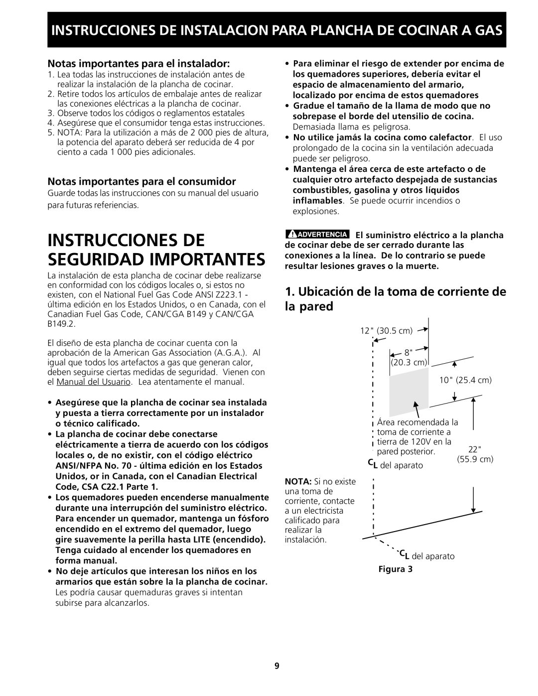 Frigidaire 318201451 dimensions Ubicación de la toma de corriente de la pared, Notas importantes para el instalador 