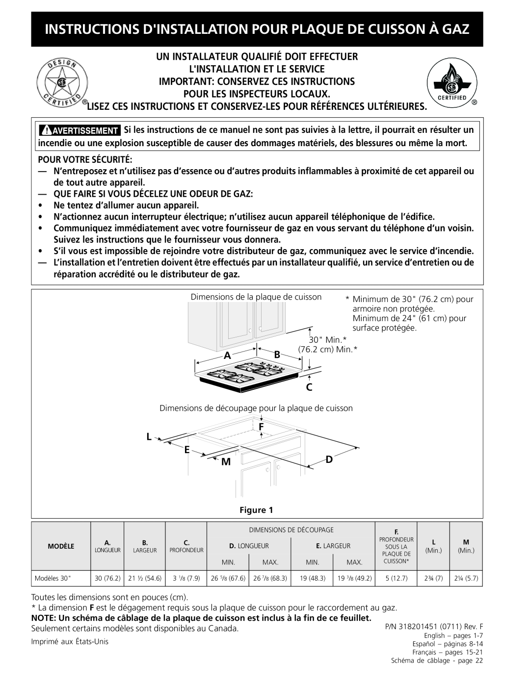 Frigidaire 318201451 dimensions Instructions Dinstallation Pour Plaque De Cuisson À Gaz, L E M 