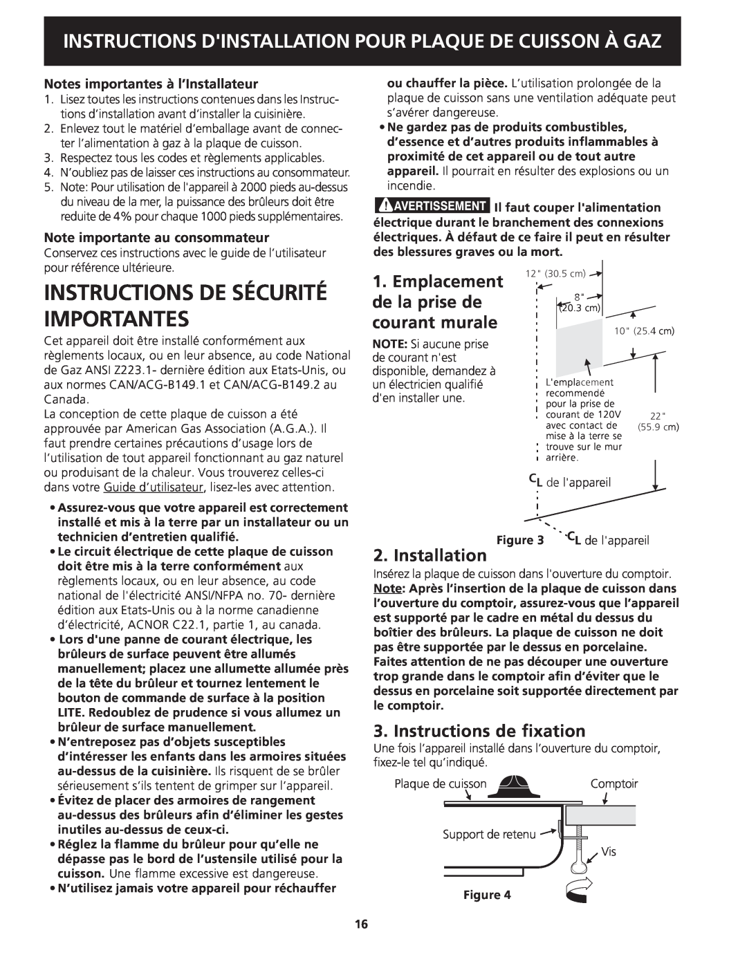 Frigidaire 318201451 dimensions Instructions De Sécurité Importantes, Instructions de fixation, Installation 