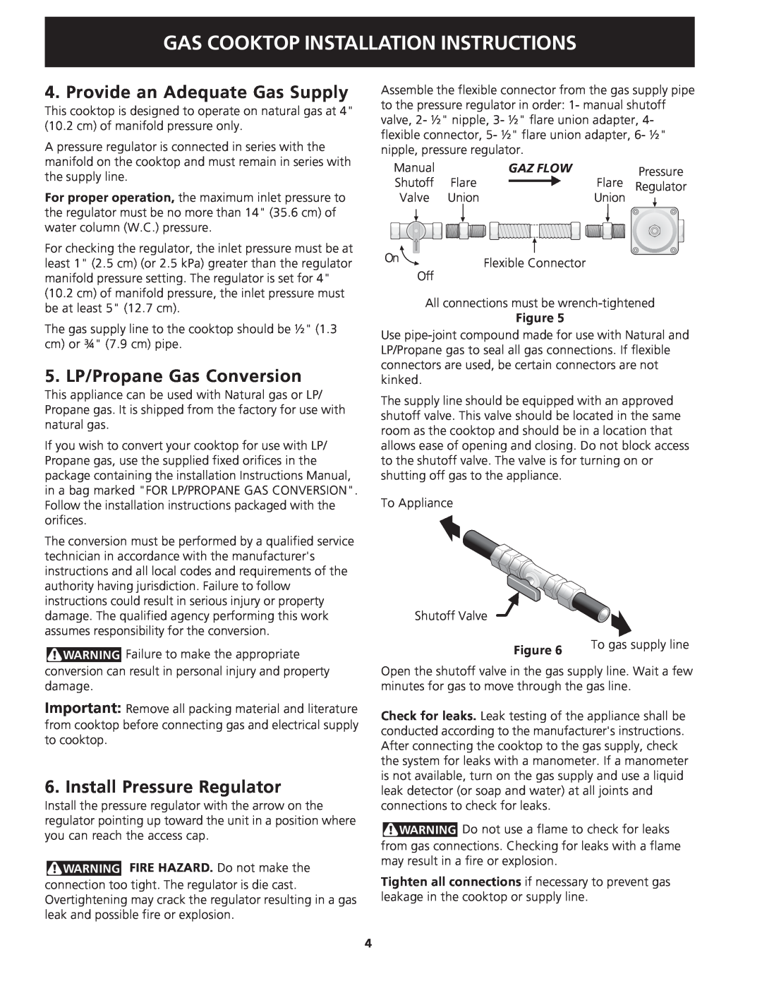 Frigidaire 318201451 Provide an Adequate Gas Supply, 5. LP/Propane Gas Conversion, Install Pressure Regulator, Gaz Flow 