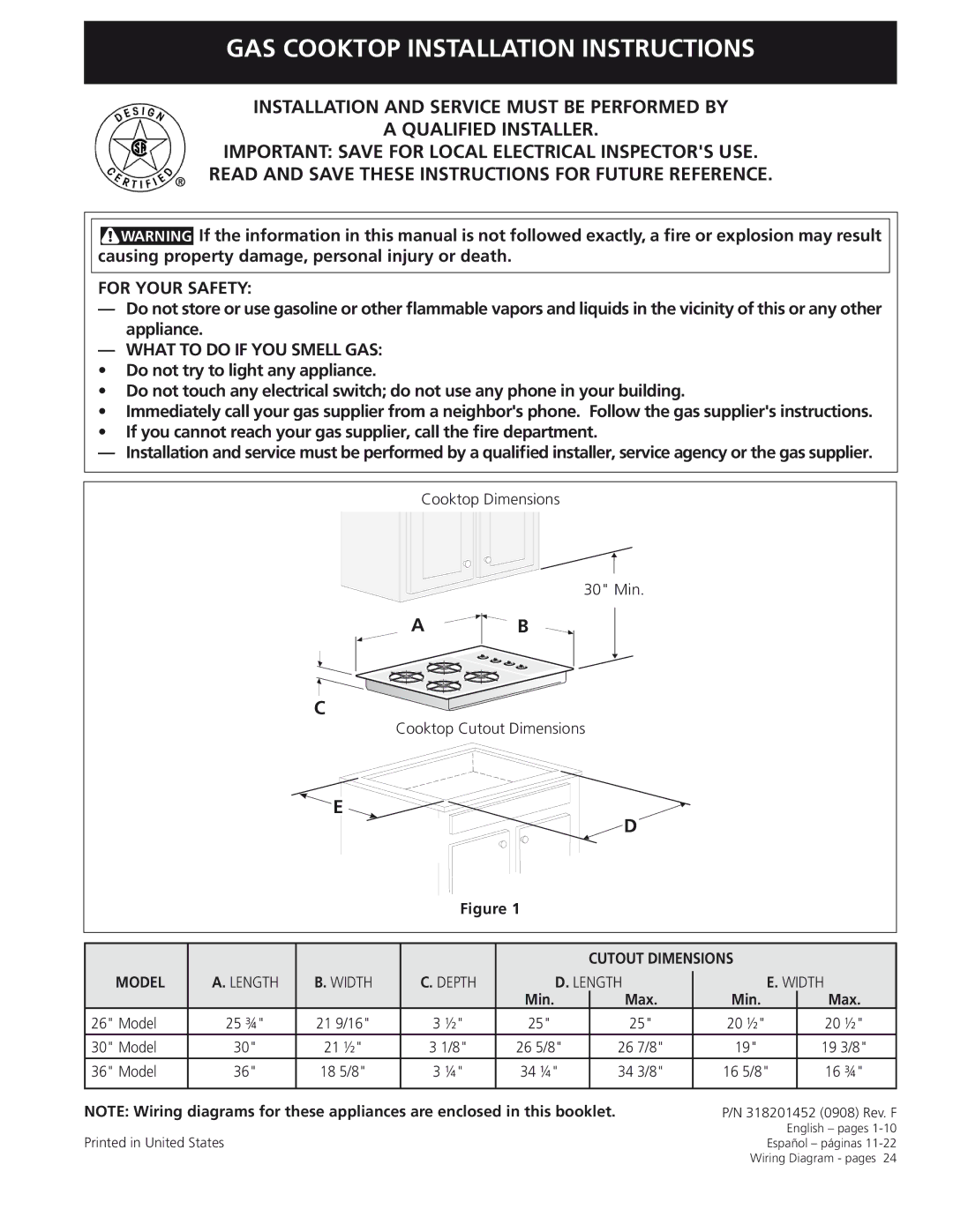 Frigidaire 30, 318201452 installation instructions Cutout Dimensions Model, Min Max 