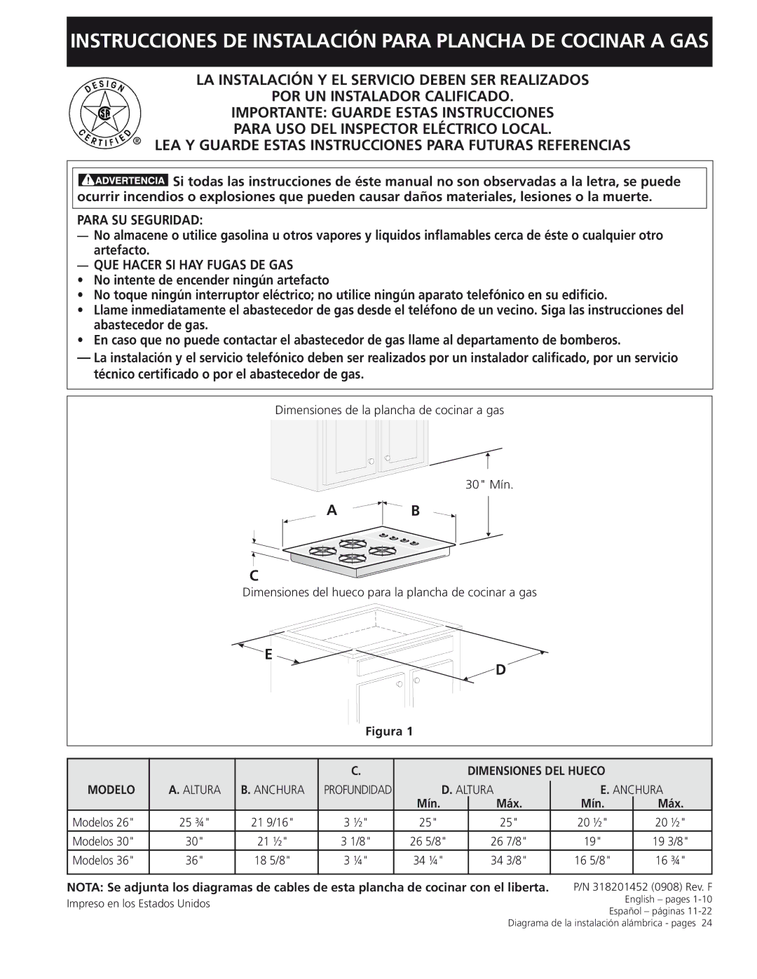 Frigidaire 30, 318201452 installation instructions Figura DimensionEs DEL Hueco ModelO, Mín Máx 