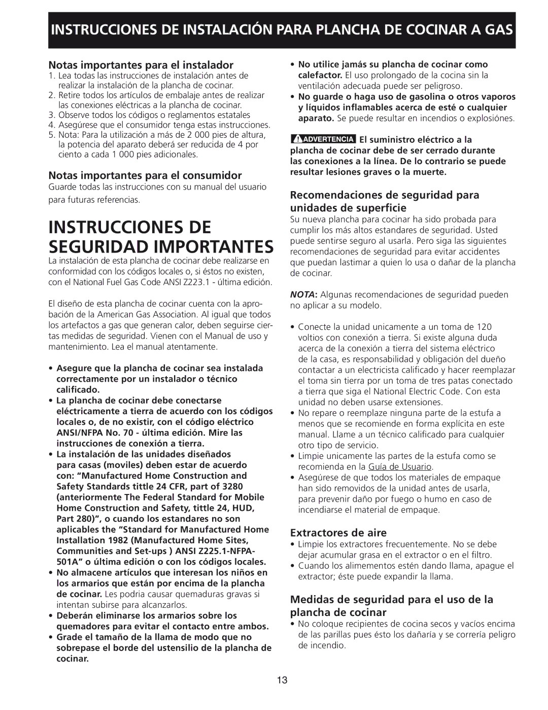 Frigidaire 30, 318201452 Notas importantes para el instalador, Notas importantes para el consumidor, Extractores de aire 