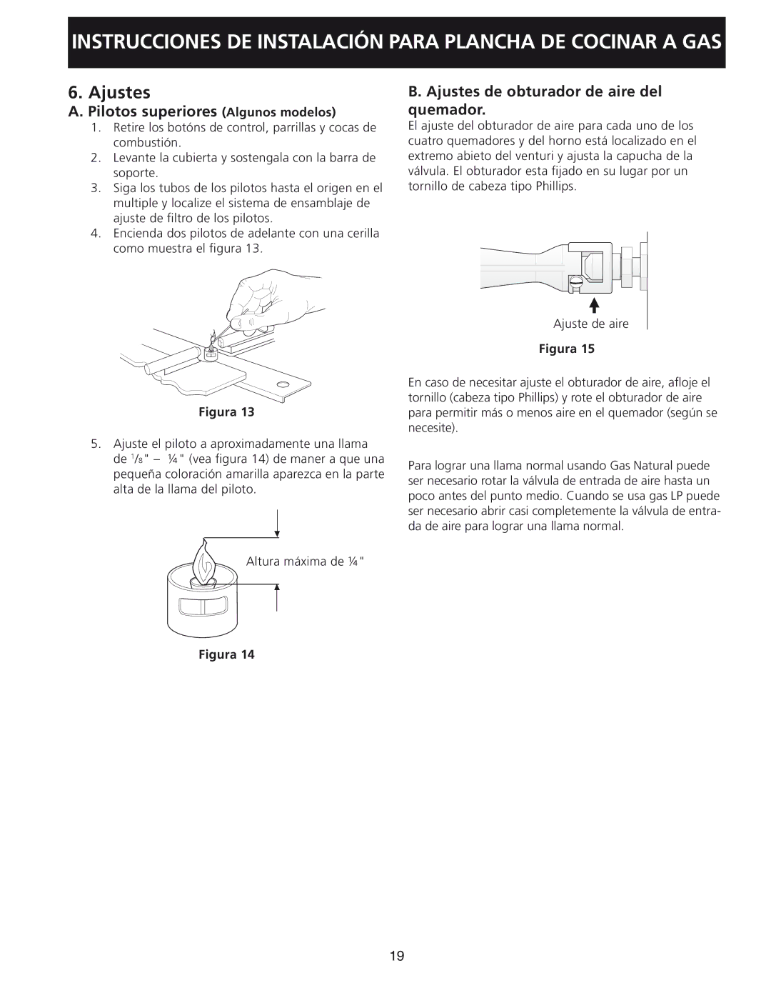 Frigidaire 30, 318201452 Pilotos superiores Algunos modelos, Ajustes de obturador de aire del quemador 