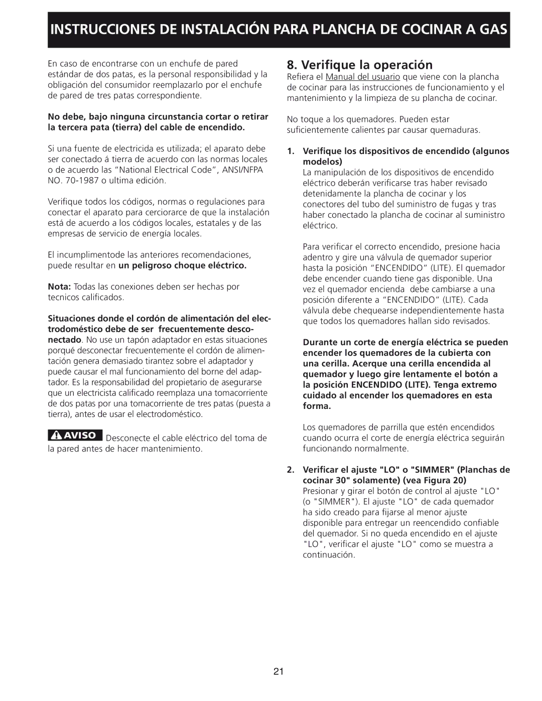 Frigidaire 30, 318201452 Verifique la operación, Verifique los dispositivos de encendido algunos modelos 