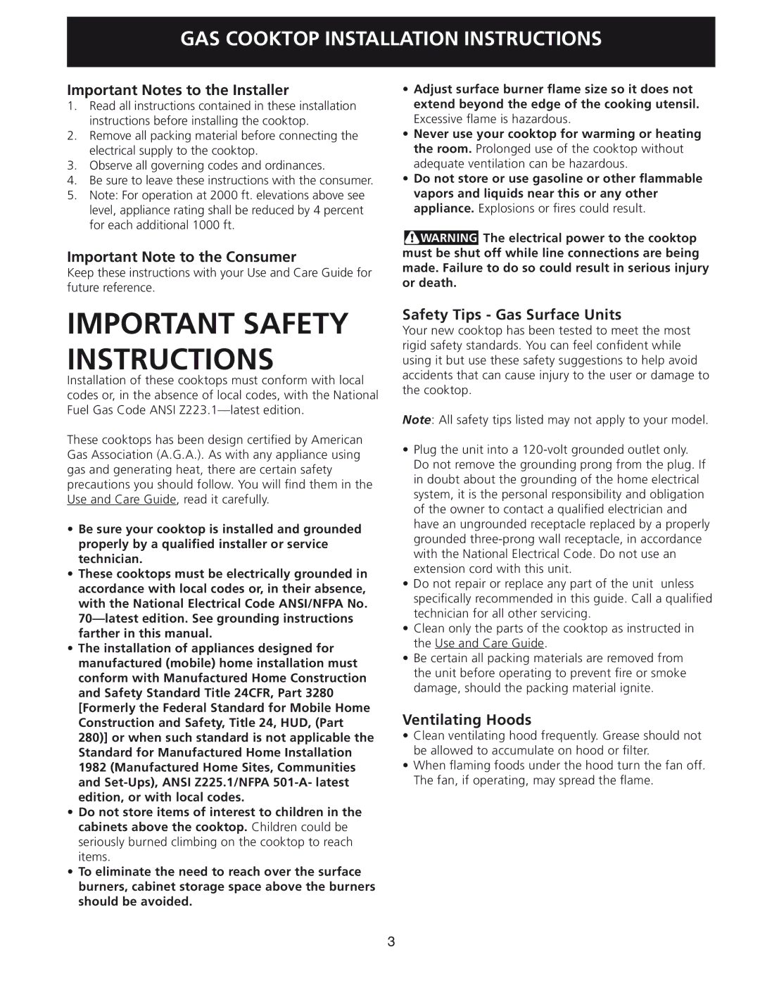 Frigidaire 30, 318201452 Important Notes to the Installer, Important Note to the Consumer, Safety Tips Gas Surface Units 