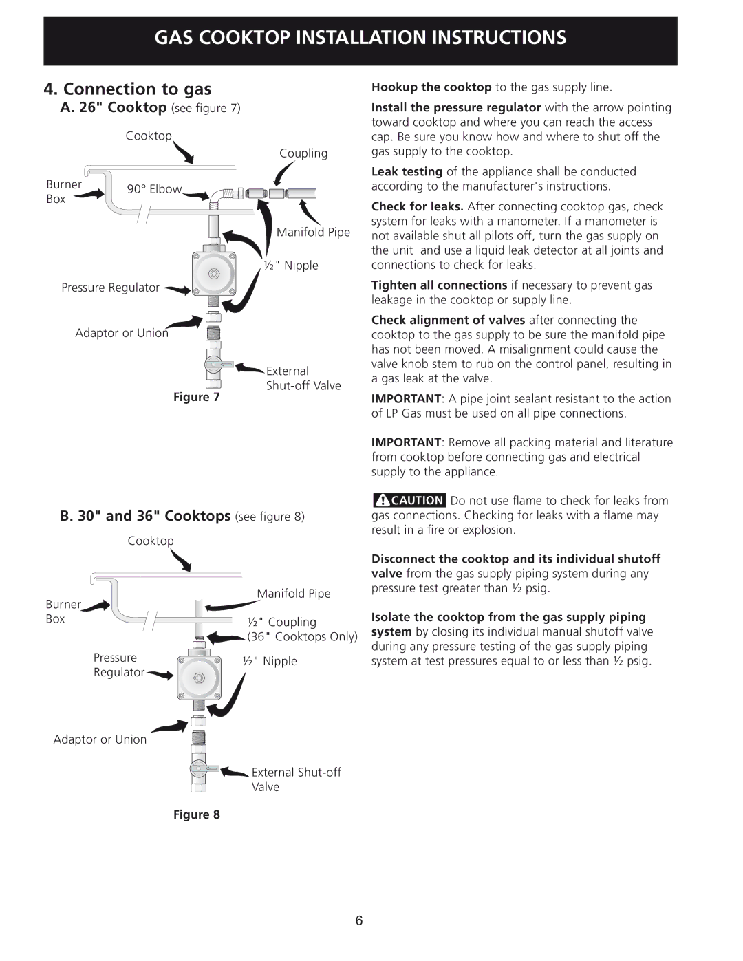 Frigidaire 318201452, 30 installation instructions Connection to gas, Cooktops see figure 