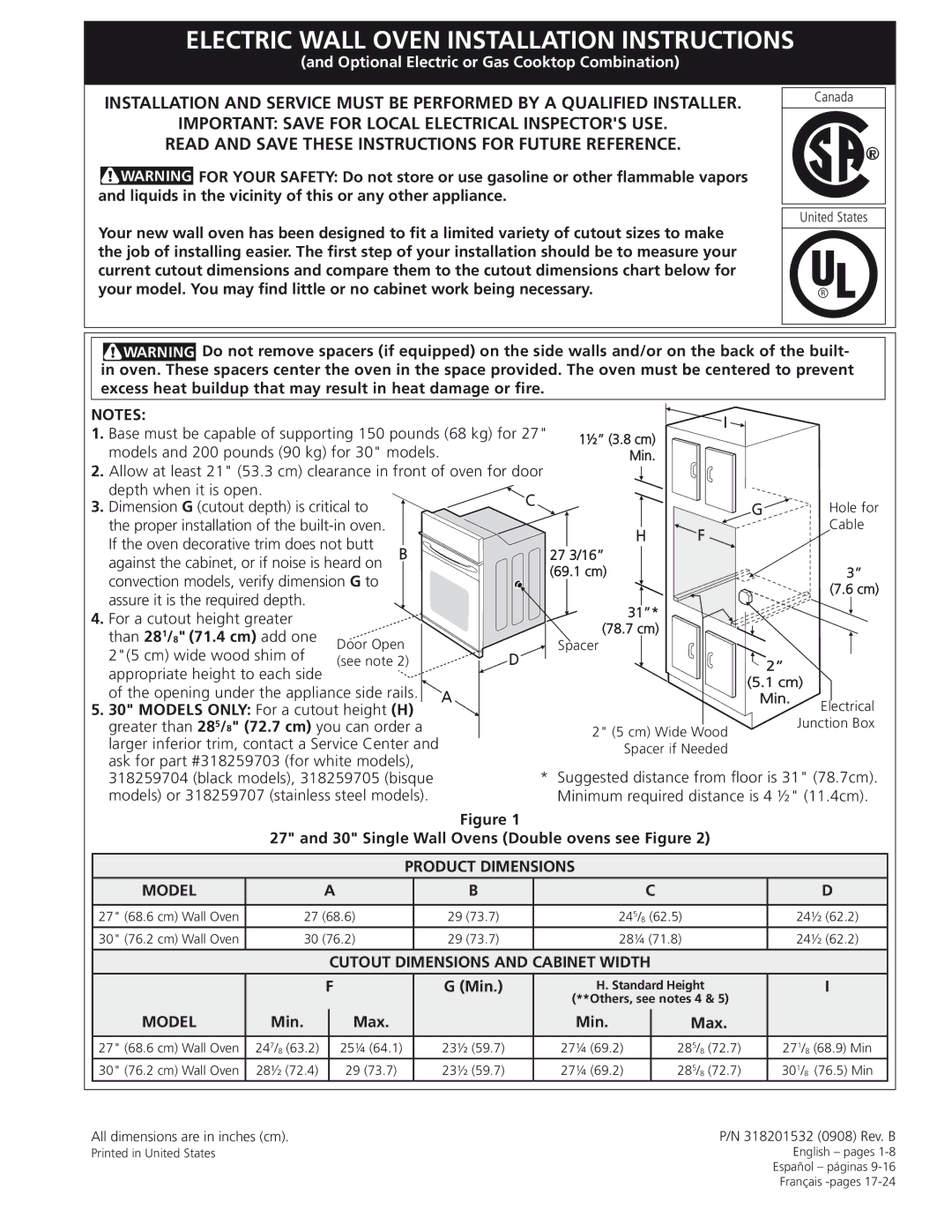 Frigidaire 318201532 manual Product Dimensions Model, Cutout Dimensions and Cabinet Width 