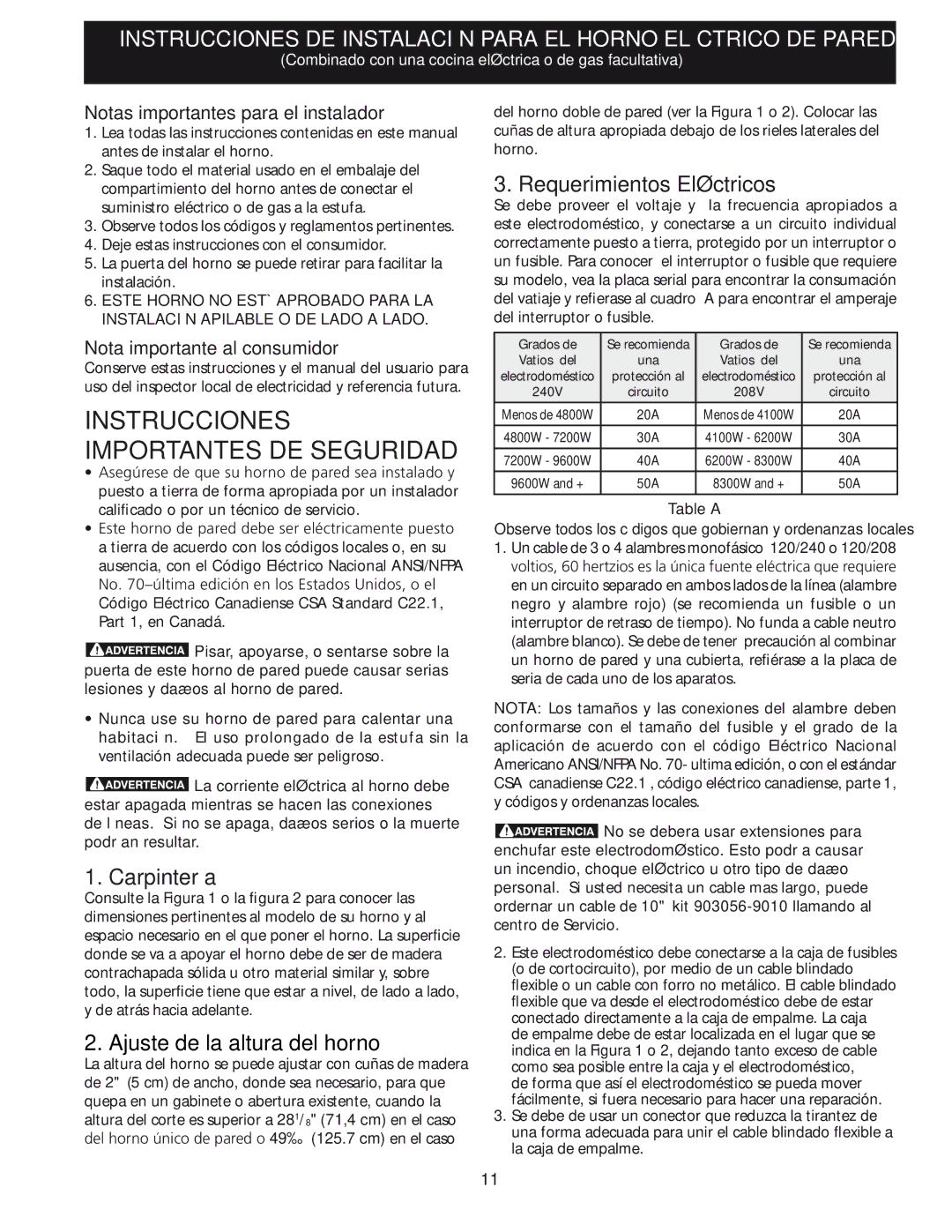 Frigidaire 318201532 Carpintería, Ajuste de la altura del horno, Requerimientos Eléctricos, Nota importante al consumidor 