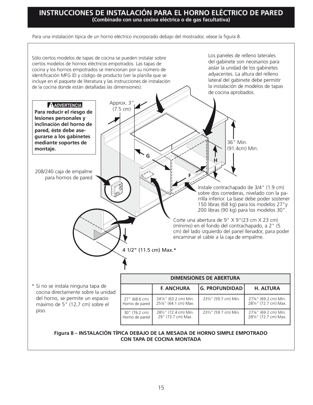 Frigidaire 318201532 manual Mediante soportes de Montaje, Dimensiones DE Abertura Anchura Profundidad Altura 