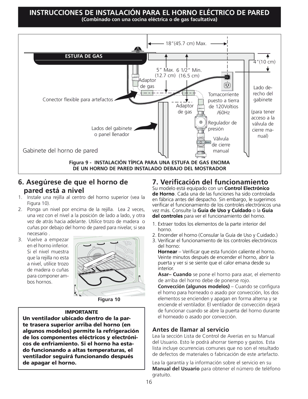 Frigidaire 318201532 manual Asegúrese de que el horno de pared está a nivel, Verificación del funcionamiento 