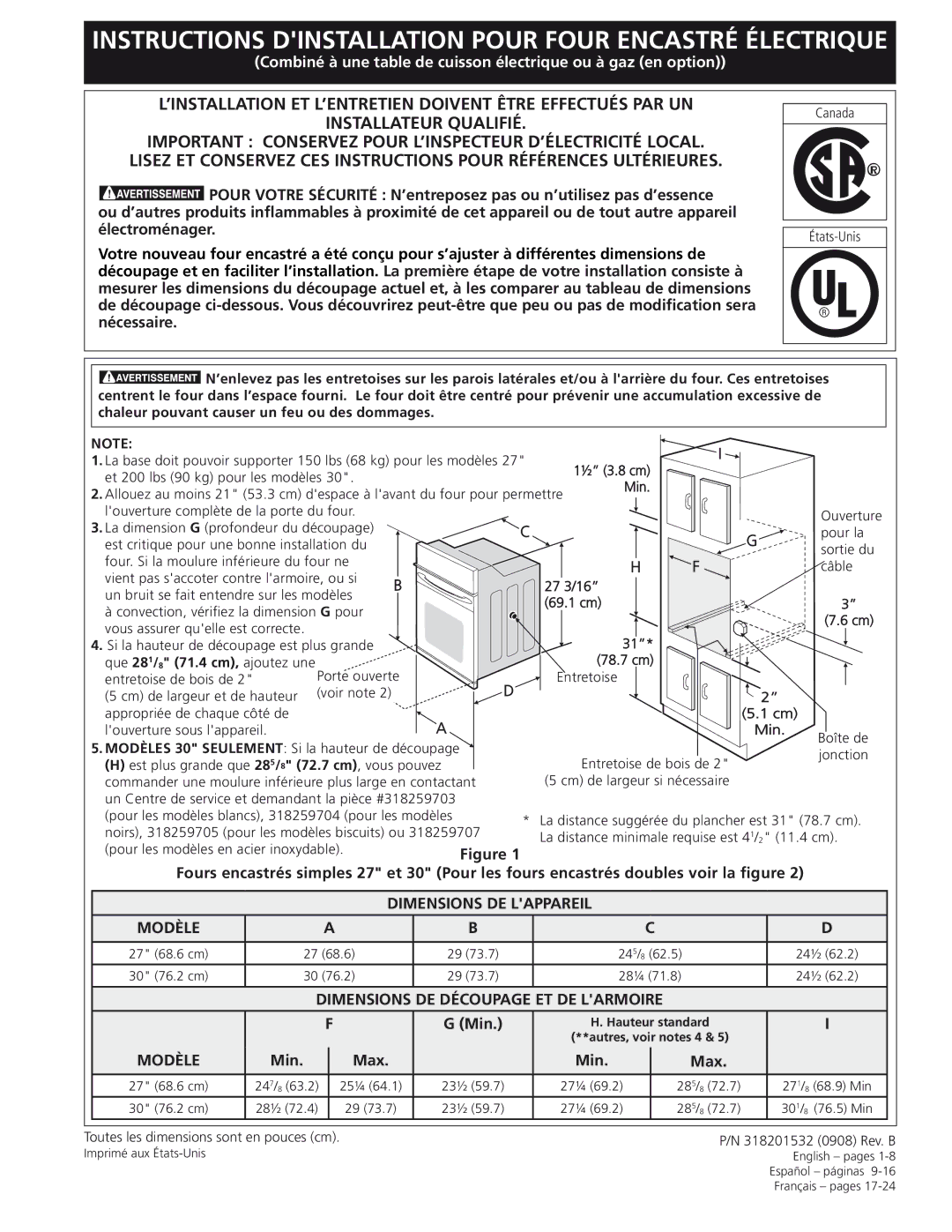 Frigidaire 318201532 manual Instructions Dinstallation Pour Four Encastré Électrique, Modèle 