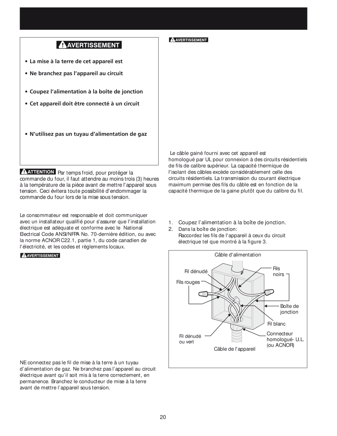 Frigidaire 318201532 manual Connexions électriques, Risque de choc électrique, Boîte DE Jonction À 3 Fils Mise À LA Terre 