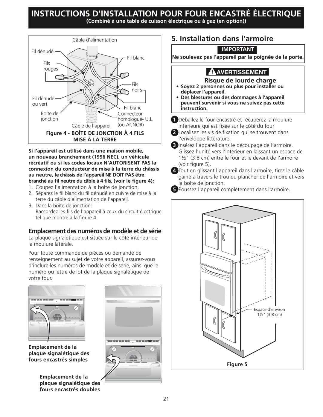 Frigidaire 318201532 Installation dans larmoire, Risque de lourde charge, Câble de lappareil Ou Acnor, Mise À LA Terre 