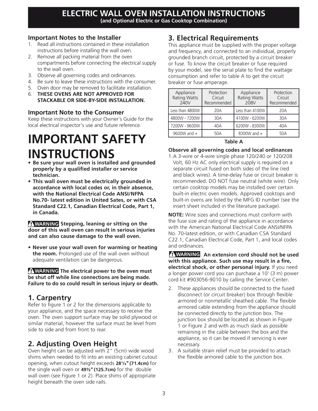 Frigidaire 318201532 manual Carpentry, Adjusting Oven Height, Electrical Requirements, Important Notes to the Installer 