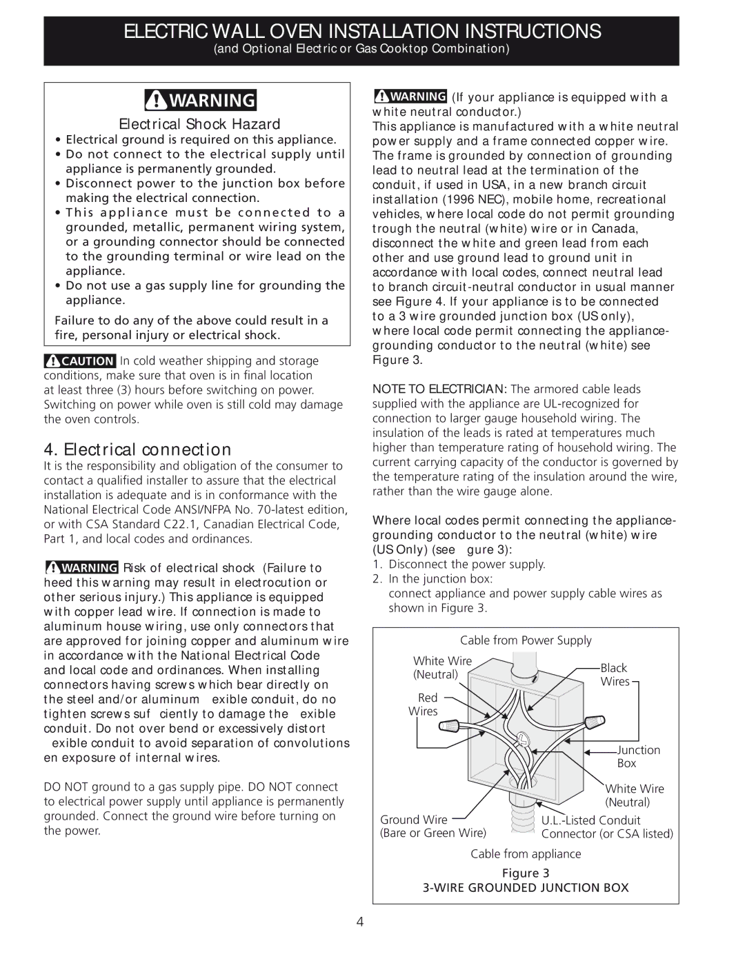 Frigidaire 318201532 manual Electrical connection, Electrical Shock Hazard 