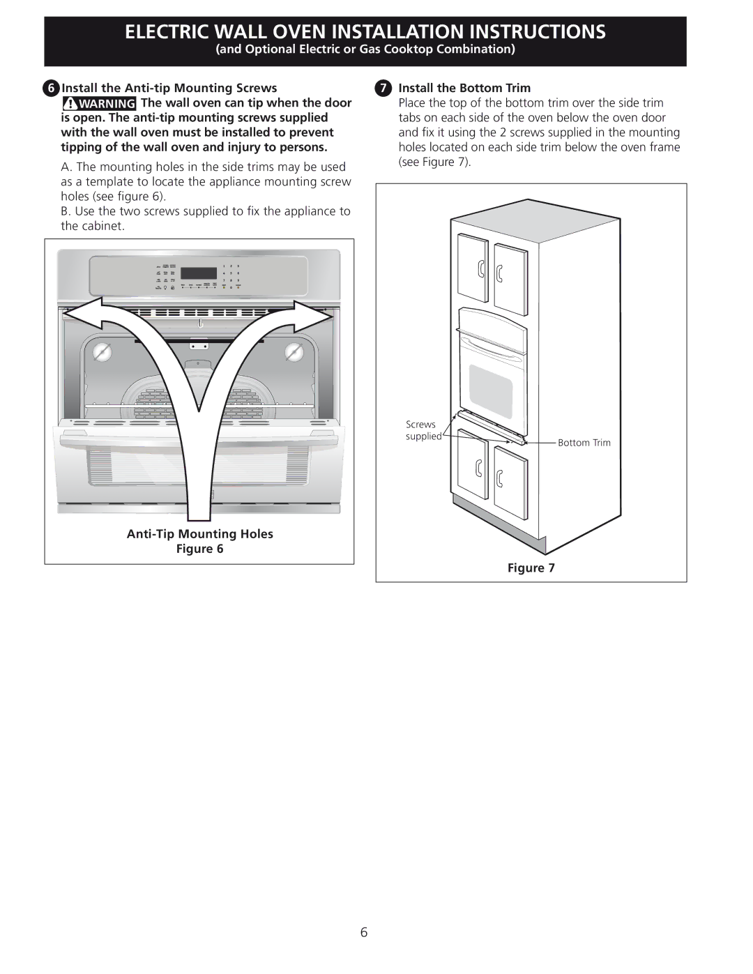 Frigidaire 318201532 manual Install the Anti-tip Mounting Screws, Anti-Tip Mounting Holes, Install the Bottom Trim 