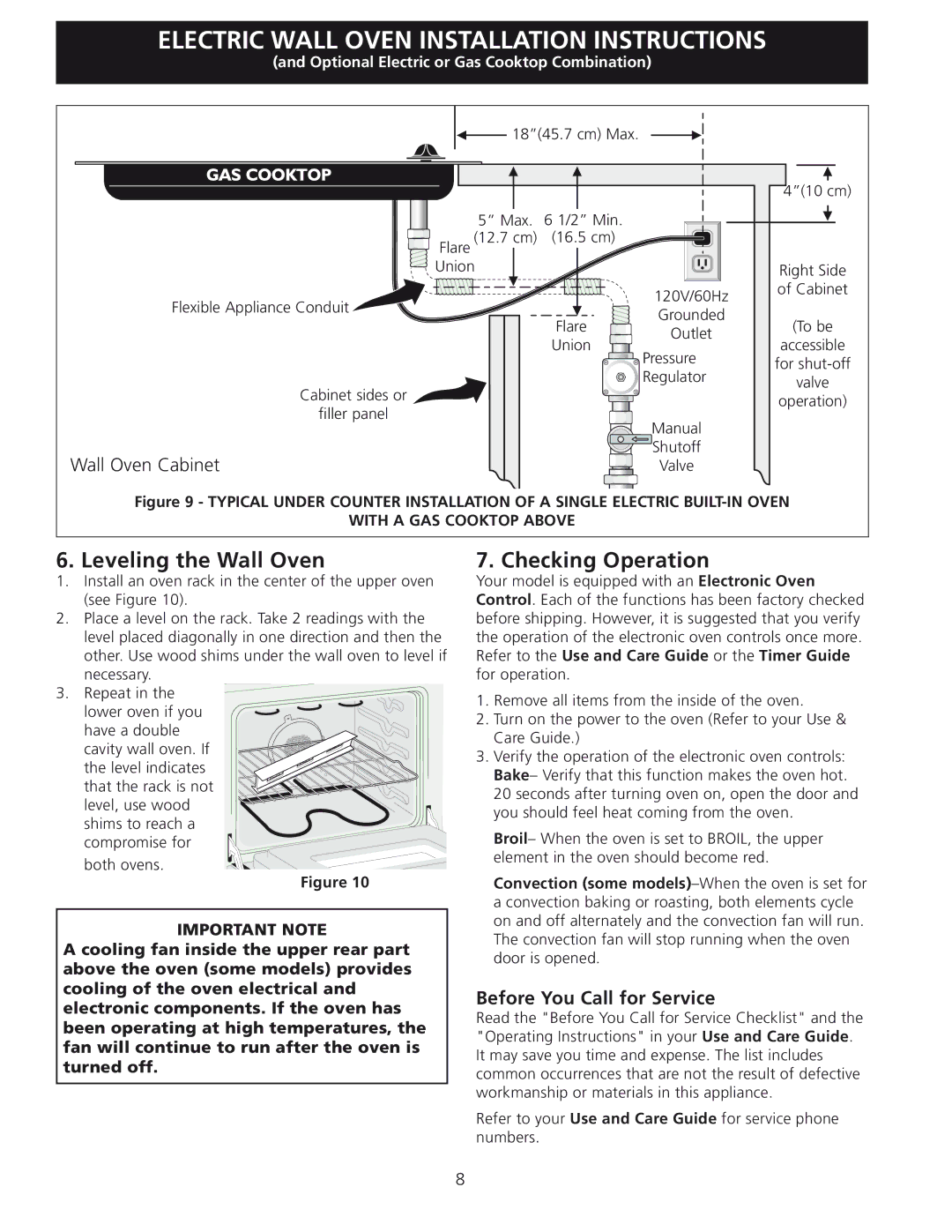 Frigidaire 318201532 manual Leveling the Wall Oven, Checking Operation, Before You Call for Service 