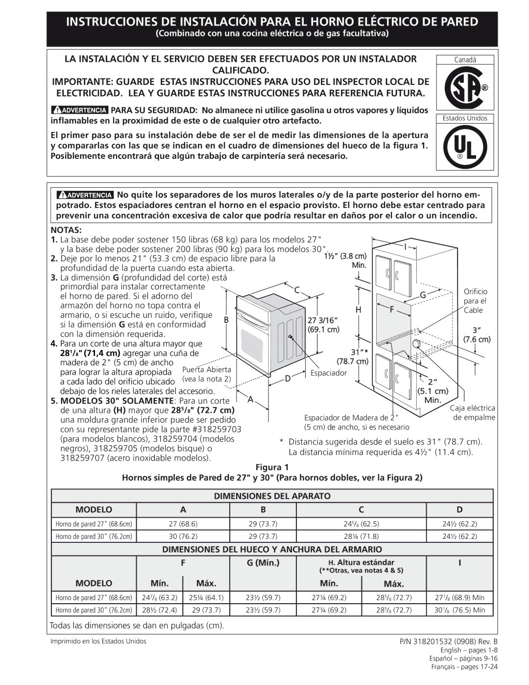 Frigidaire 318201532 manual Notas, Modelos 30 Solamente Para un corte, Mín Máx 