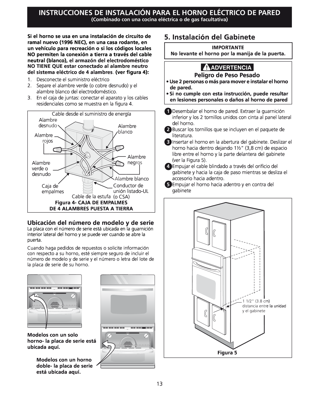 Frigidaire 318201532 manual Instalación del Gabinete, Ubicación del número de modelo y de serie, Peligro de Peso Pesado 