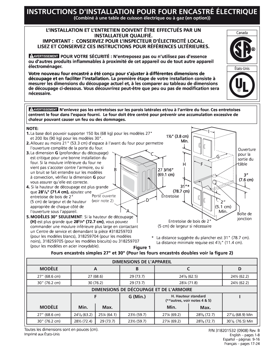 Frigidaire 318201532 manual Installateur Qualifié 