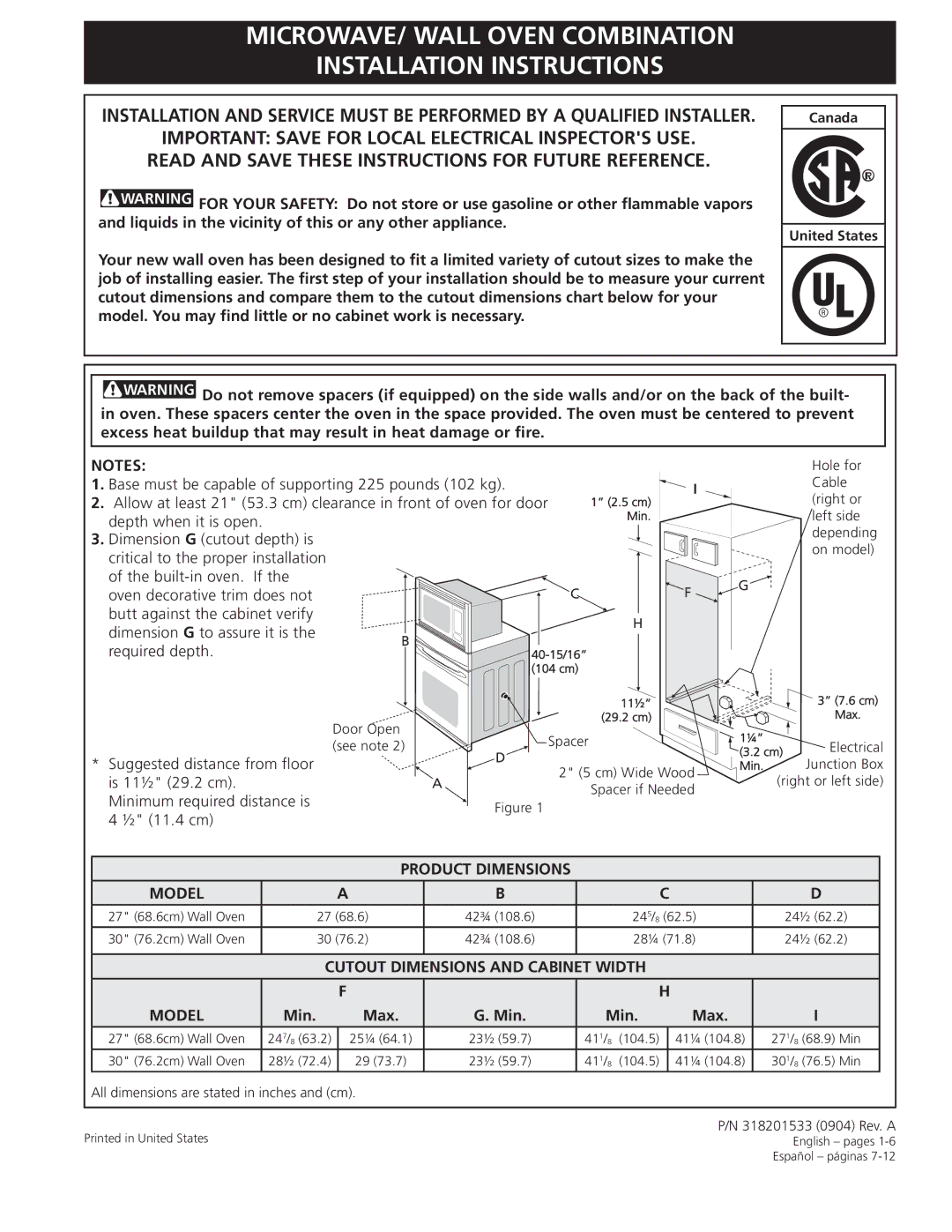 Frigidaire 318201533 installation instructions MICROWAVE/ Wall Oven Combination Installation Instructions, Min Max 