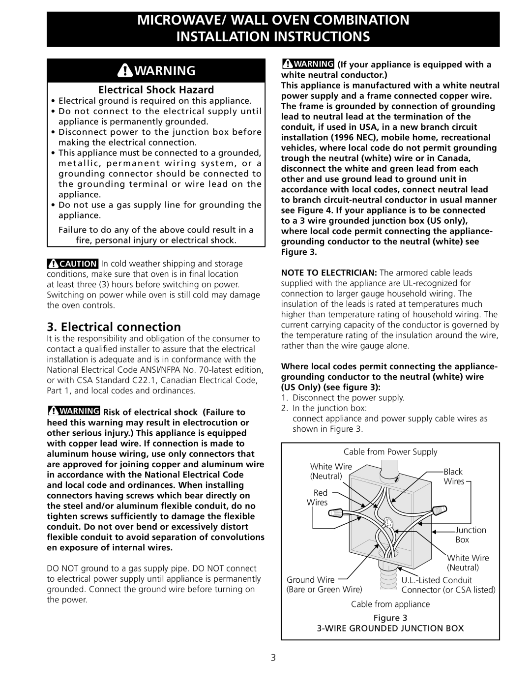 Frigidaire 318201533 installation instructions Electrical connection, Electrical Shock Hazard 