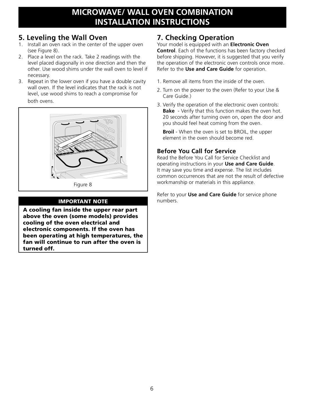 Frigidaire 318201533 installation instructions Leveling the Wall Oven, Checking Operation, Before You Call for Service 