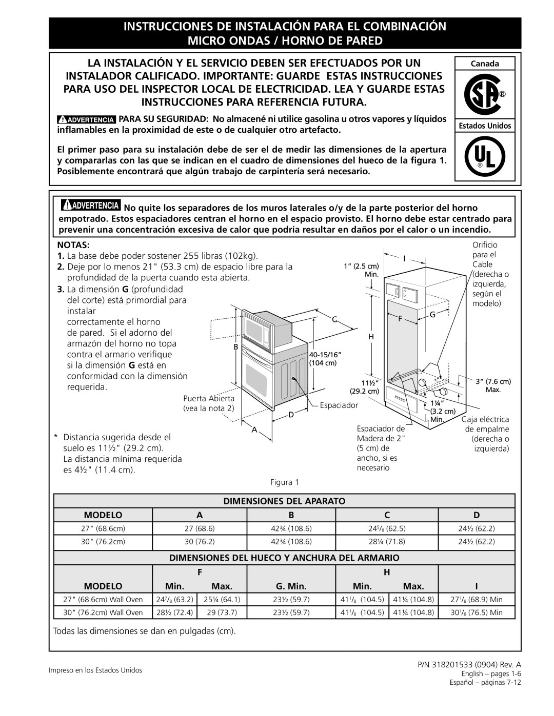 Frigidaire 318201533 installation instructions LA Instalación Y EL Servicio Deben SER Efectuados POR UN 