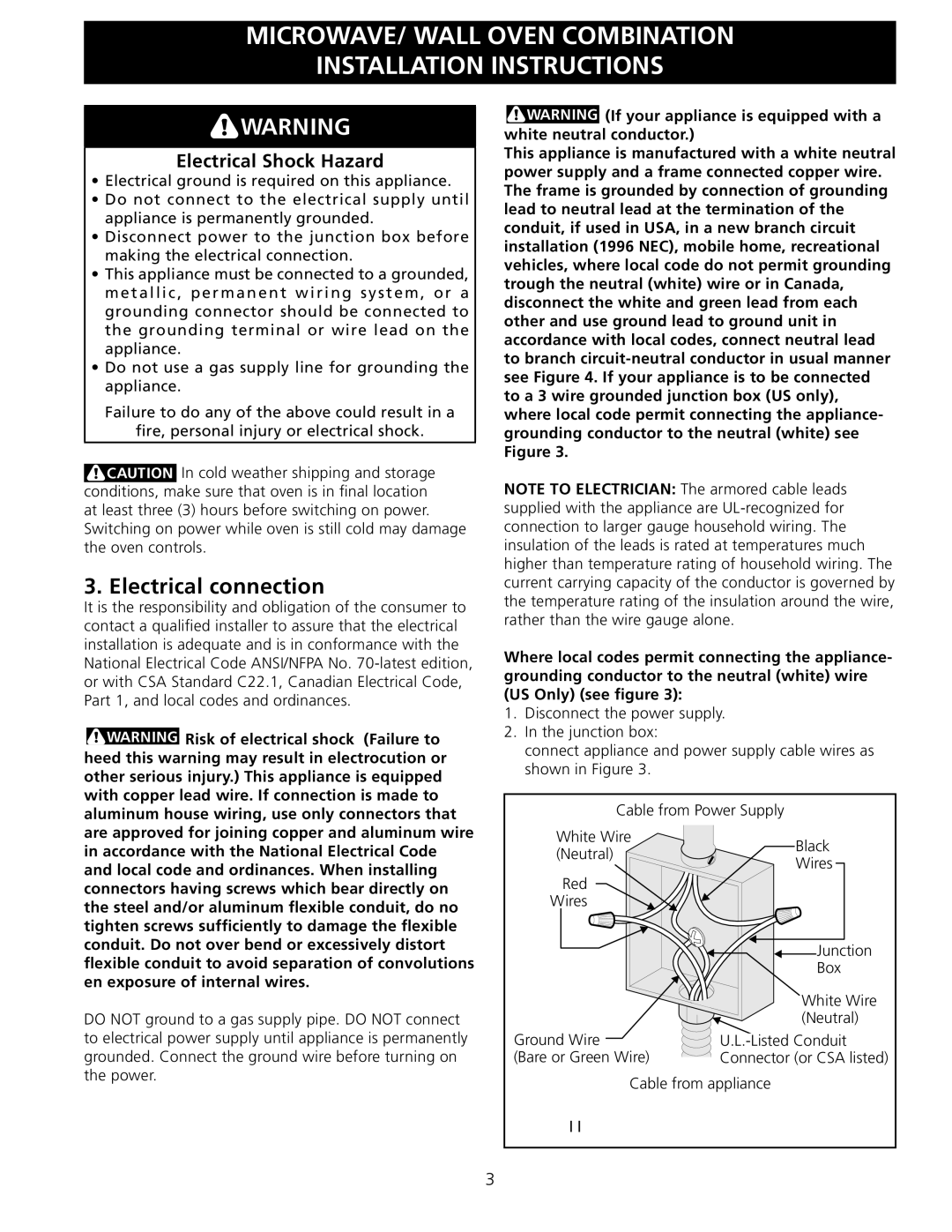 Frigidaire 318201534 installation instructions Electrical connection, Electrical Shock Hazard 