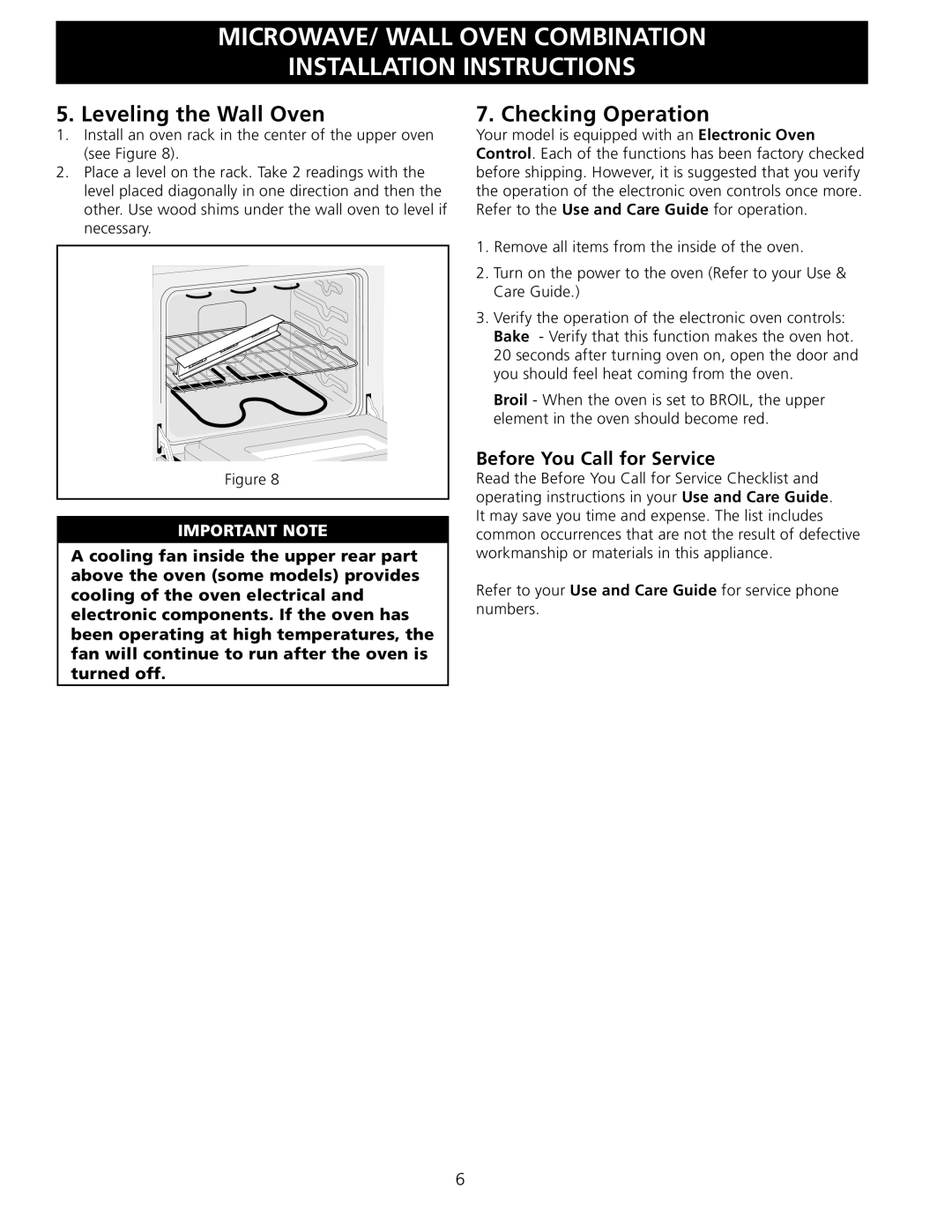 Frigidaire 318201534 installation instructions Leveling the Wall Oven, Checking Operation, Before You Call for Service 