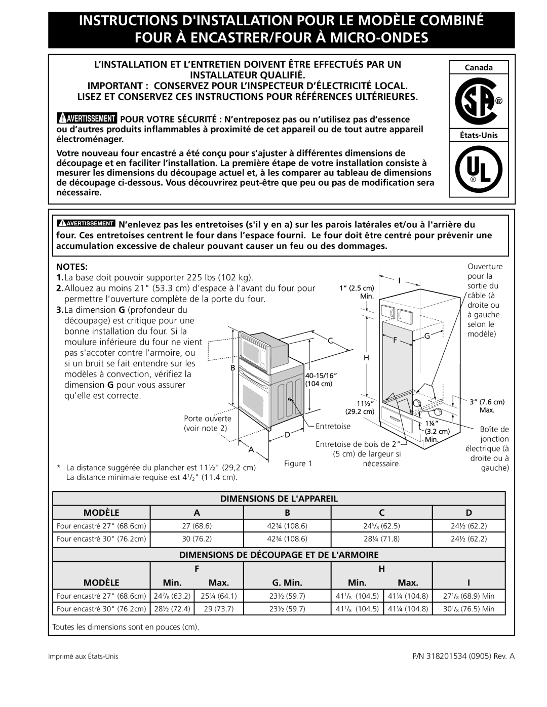 Frigidaire 318201534 installation instructions Dimensions DE Lappareil Modèle 