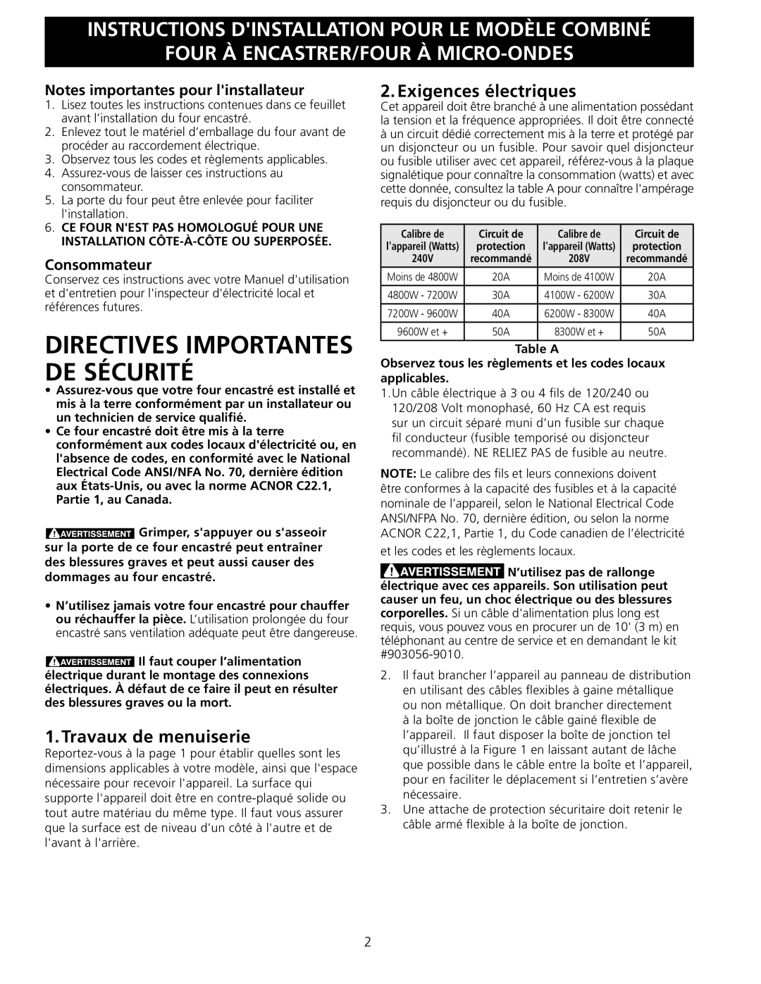 Frigidaire 318201534 installation instructions Travaux de menuiserie, Exigences électriques, Consommateur 