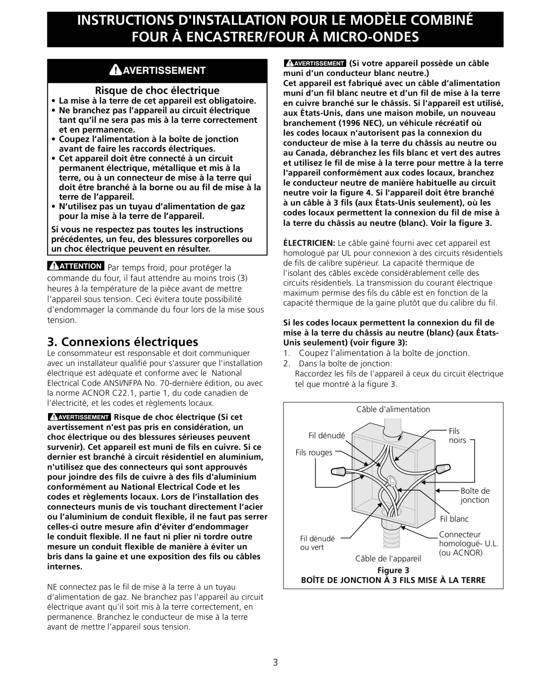 Frigidaire 318201534 installation instructions Connexions électriques, Risque de choc électrique 