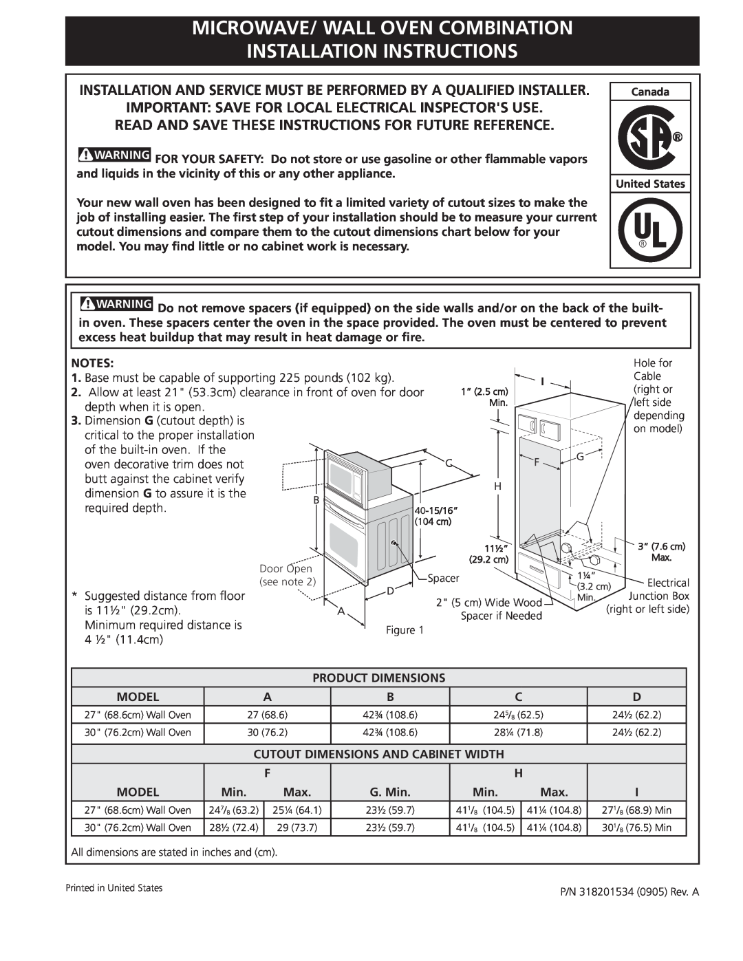 Frigidaire 318201534 installation instructions Microwave/ Wall Oven Combination Installation Instructions 